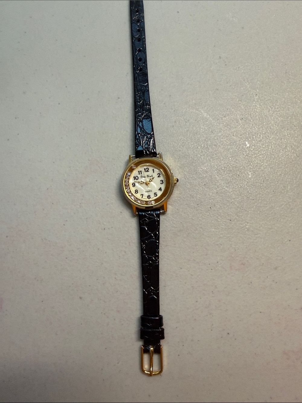 Pierre Nicol vintage Gold-Tone Rhinestone Round Watch with Black Leather Strap